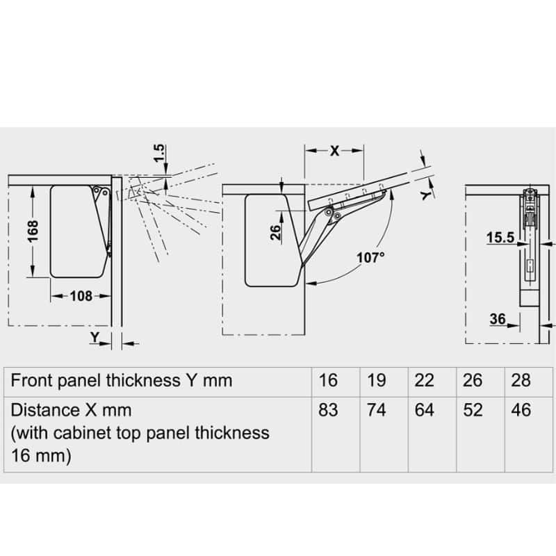 Kích thước bộ tay nâng FREE FLAP 1.7 Hafele 493.05.831 nắp xám Kích thước bộ tay nâng FREE FLAP 1.7 Hafele 493.05.831 nắp xám