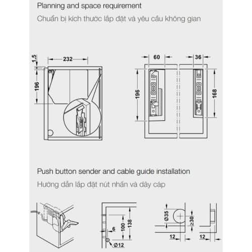 Kích thước bộ tay nâng FREE FLAP 1.7E Hafele 372.29.700 nắp trắng