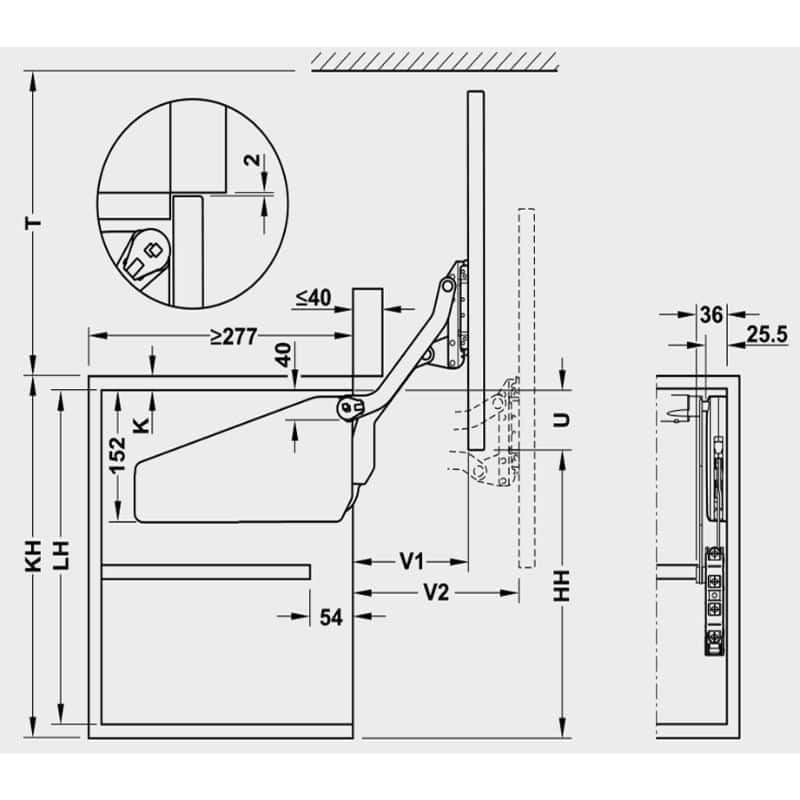 Kích thước bộ tay nâng FREE UP Hafele 493.05.804 nắp xám Kích thước bộ tay nâng FREE UP Hafele 493.05.804 nắp xám