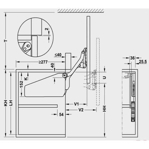 Bộ tay nâng FREE UP Hafele 493.05.805 nắp xám 6 Kích thước bộ tay nâng FREE UP Hafele 493.05.805 nắp xám