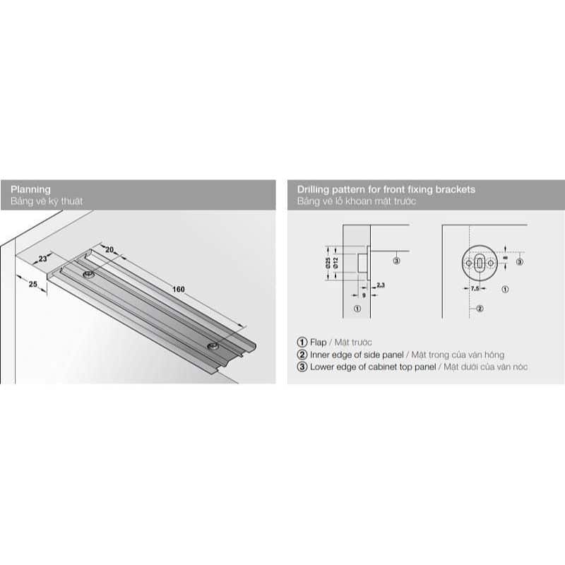 Kích thước phụ kiện cáp đỡ mặt trước với Bas điều chỉnh Hafele 365.46.051 Kích thước phụ kiện cáp đỡ mặt trước với Bas điều chỉnh Hafele 365.46.051