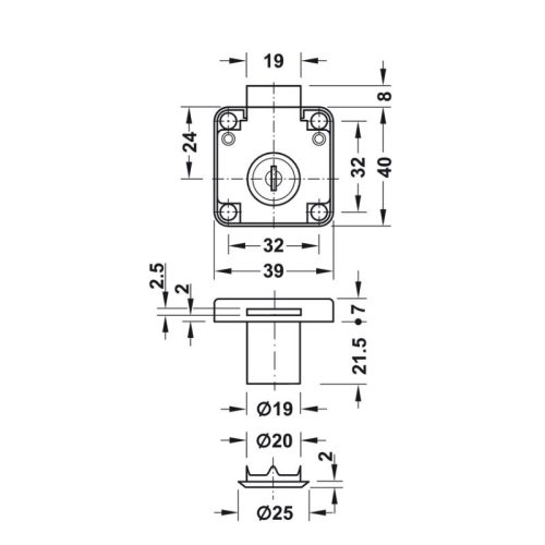 Khóa vuông Econo cửa dày 22mm Hafele 232.01.220 4 Kích thước khóa vuông Econo cửa dày 22mm Hafele 232.01.220