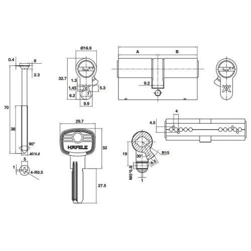 Kích thước ruột khóa 2 đầu chìa 65mm Hafele DIY 489.56.000