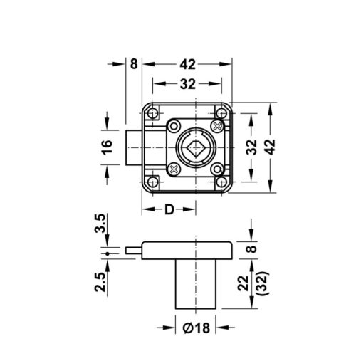 Vỏ khóa vuông chốt chết 22mm Hafele 232.26.621 3 Kích thước vỏ khóa vuông chốt chết 22mm Hafele 232.26.621