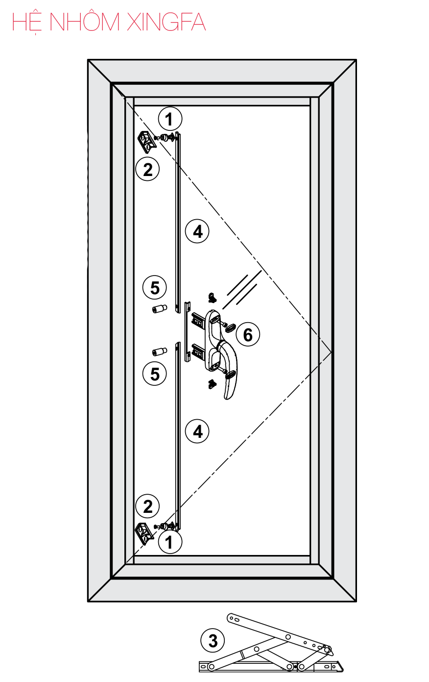 Phụ kiện cửa sổ mở quay ra ngoài nhôm Xingfa Hafele WDOP111 Phụ kiện cửa sổ mở quay ra ngoài nhôm Xingfa Hafele WDOP111