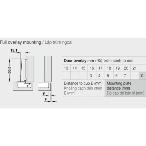 Bản lề trùm ngoài Metalla A 110° không bật Hafele 315.31.550 3 Kích thước bản lề trùm ngoài Metalla A 110° không bật Hafele 315.31.550