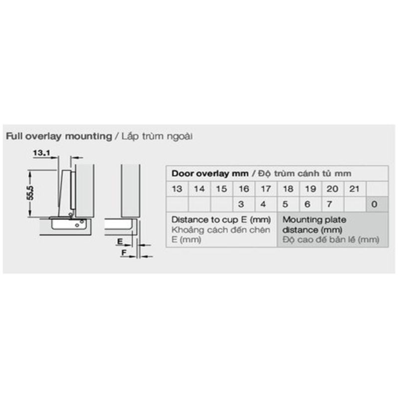 Thông số bản lề trùm ngoài Metalla A 110° giảm chấn Hafele 311.88.510 Thông số bản lề trùm ngoài Metalla A 110° giảm chấn Hafele 311.88.510