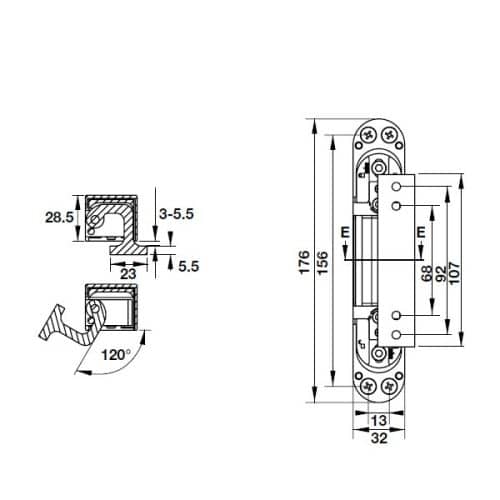 Kích thước của Bản lề âm 3D cho cửa 80Kg Hafele 927.03.049