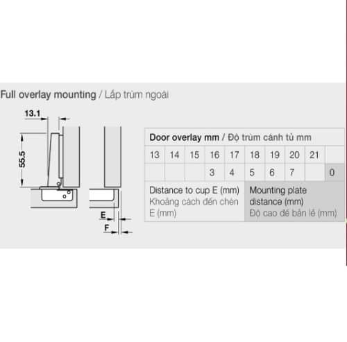 Kích thước của Bản lề không bật Hafele – trùm nữa 315.31.551