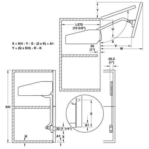 Bộ tay nâng Free Fold Short Hafele 493.05.734 3 Kích thước của Bộ tay nâng Free Fold Short Hafele 493.05.734