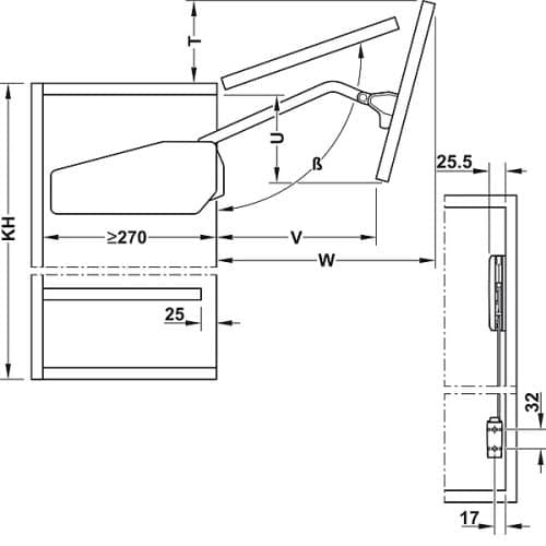 Kích thước của Bộ tay nâng Free Fold Short Hafele 493.05.741