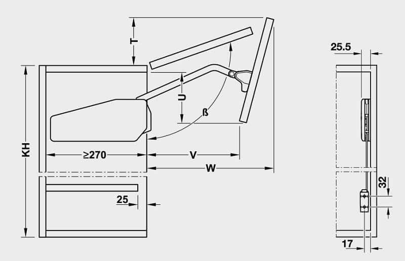 Kích thước của Bộ tay nâng Free Fold Short Hafele 493.05.896 Kích thước của Bộ tay nâng Free Fold Short Hafele 493.05.896