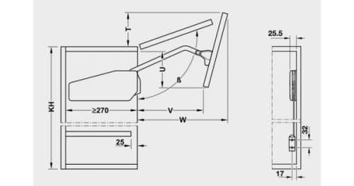 Bộ tay nâng Free Fold Short Hafele 493.05.901 3 Kích thước của Bộ tay nâng Free Fold Short Hafele 493.05.901