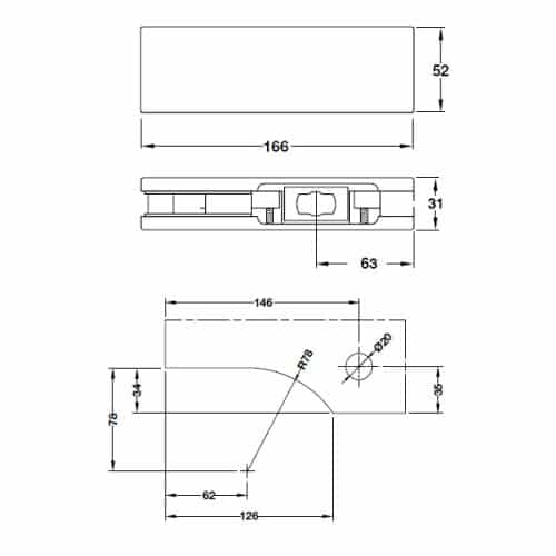 Kích thước của Kẹp kính dưới Inox bóng Hafele 981.00.654
