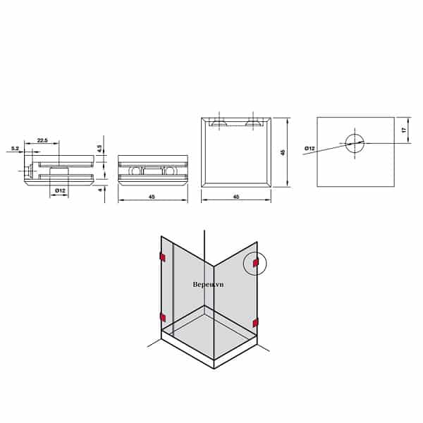 Kích thước của Kẹp tường - kính 90 độ màu đen Hafele 981.77.919 Kích thước của Kẹp tường - kính 90 độ màu đen Hafele 981.77.919