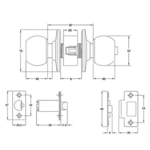 Khóa tay nắm tròn nhà vệ sinh Hafele 911.83.565 3 Kích thước của Khóa tay nắm tròn nhà vệ sinh Hafele 911.83.565