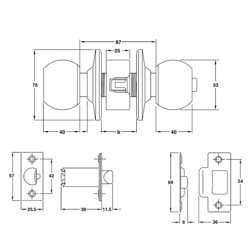 Kích thước của Khóa tay nắm tròn nhà vệ sinh Hafele 911.83.565 Kích thước của Khóa tay nắm tròn nhà vệ sinh Hafele 911.83.565