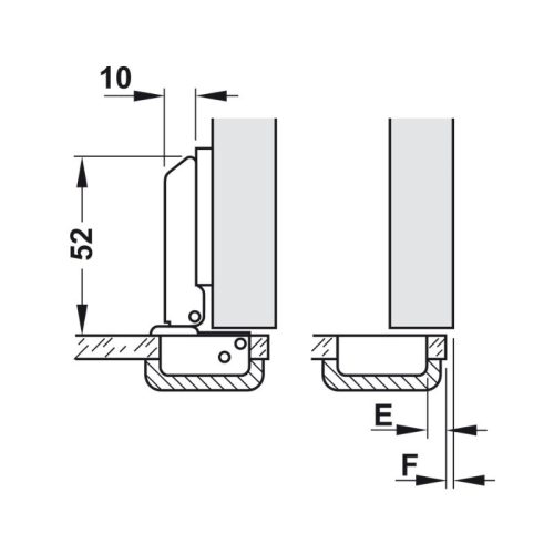 Kích thước bản lề metalla mini A 110° cho cửa kính trùm ngoài Hafele 311.01.073