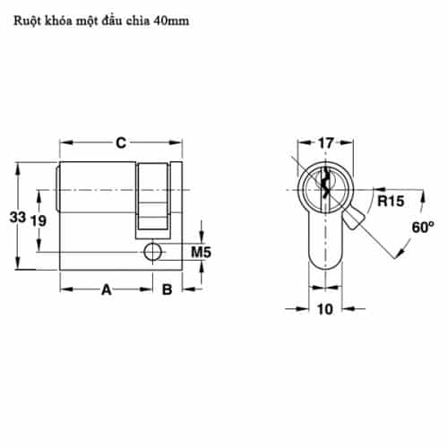 Kích thước của Ruột khóa 40mm một đầu chìa Hafele 916.63.361