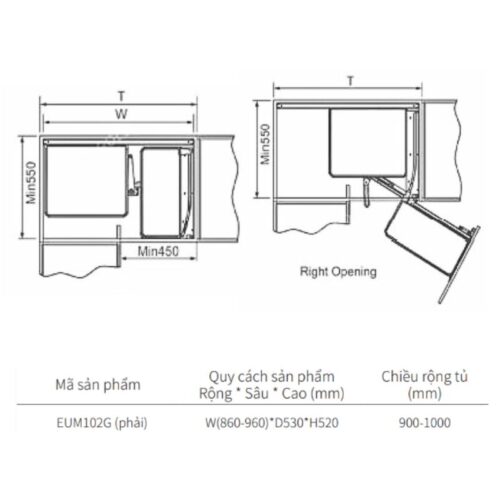 Kích thước giá góc liên hoàn Eurogold EUM102G