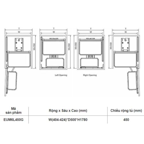 Tủ kho 6 tầng cánh mở Eurogold EUM6L450G 3 Kích thước tủ kho 6 tầng cánh mở Eurogold EUM6L450G