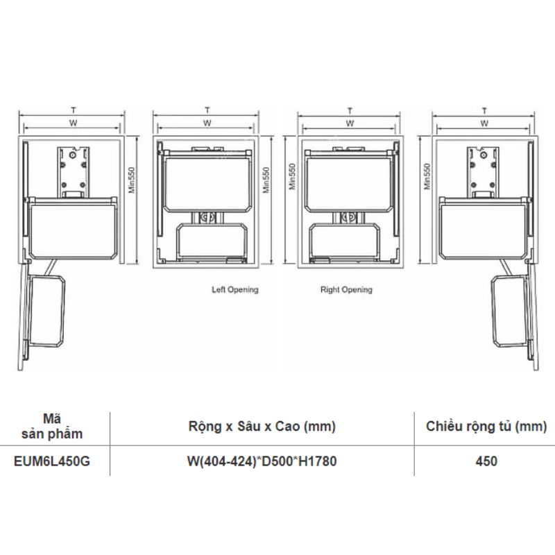Kích thước tủ kho 6 tầng cánh mở Eurogold EUM6L450G Kích thước tủ kho 6 tầng cánh mở Eurogold EUM6L450G