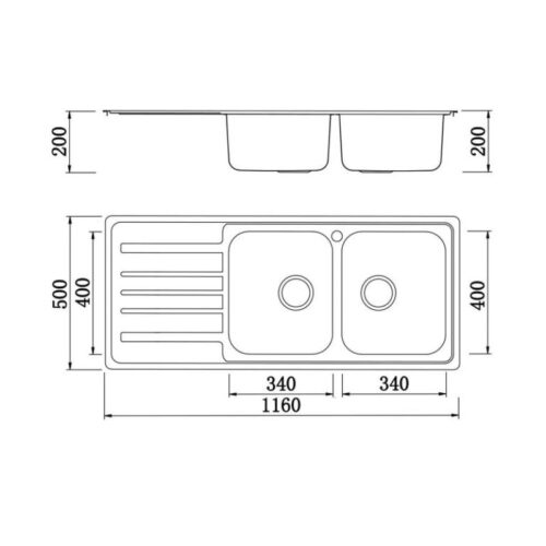 Kích thước chậu rửa bát Konox European Artusi KS11650 1D bàn trái