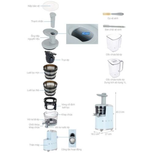 Máy ép chậm trái cây Smeg SJF01PBEU Pastel Blue 4 Chi tiết máy ép chậm Hafele Smeg SJF01PBEU 535.43.628