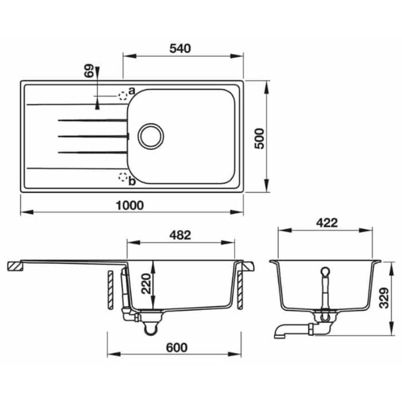 Kích thước chậu rửa bát đá Hafele HS19-GED1R60 570.36.550 Kích thước chậu rửa bát đá Hafele HS19-GED1R60 570.36.550