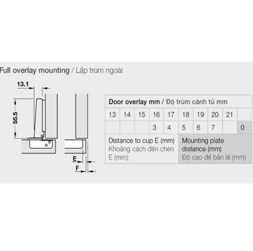 Bản lề không bật Hafele – trùm ngoài 315.31.550 3 Kích thước của Bản lề không bật Hafele – trùm ngoài 315.31.550