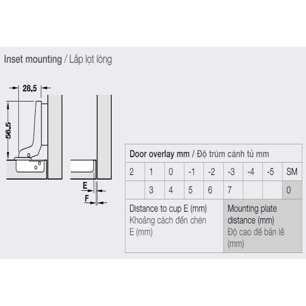 Kích thước của Bản lề Metalla A lọt lòng Hafele 315.31.552 Kích thước của Bản lề Metalla A lọt lòng Hafele 315.31.552