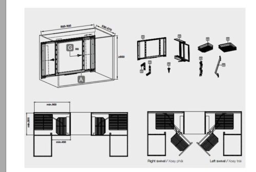 Bộ rổ góc gắn cánh trước, mở phải Clearance Hafele 548.21.002 3 Kích thước của Bộ rổ góc gắn cánh trước, mở phải Clearance Hafele 548.21.002