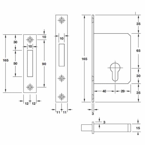 Thân khóa cho cửa trượt Hafele 911.26.277 3 Kích thước của Thân khóa cho cửa trượt Hafele 911.26.277