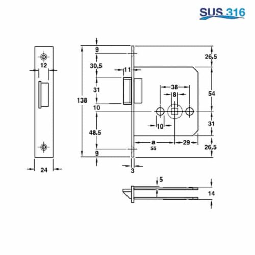 Thân khóa lưỡi gà Hafele 911.23.438 3 Kích thước của Thân khóa lưỡi gà Hafele 911.23.438