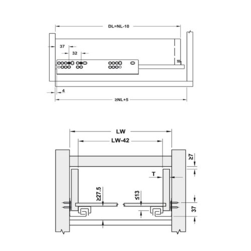 Ray âm EPC Evo 450mm giảm chấn Hafele 433.32.074 4 Kích thước ray âm EPC Evo 450mm giảm chấn Hafele 433.32.074