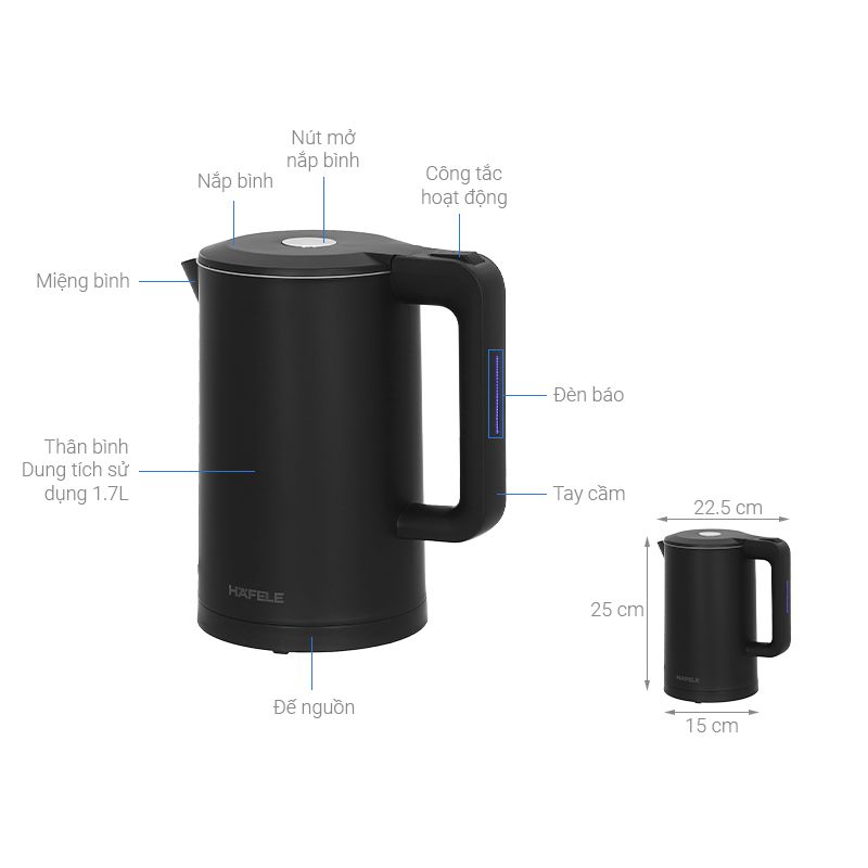 Kích thước bình đun siêu tốc Hafele 1.7L HS-K1705DB 535.43.548 Kích thước bình đun siêu tốc Hafele 1.7L HS-K1705DB 535.43.548