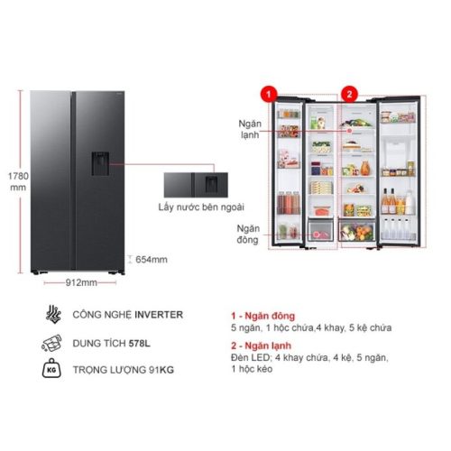 Tủ Lạnh 2 cánh side by side Inverter 578 Lít Samsung RS57DG410EB4SV 5 kich thuoc tu lanh 2 canh side by side inverter 578 lit samsung rs57dg410eb4sv