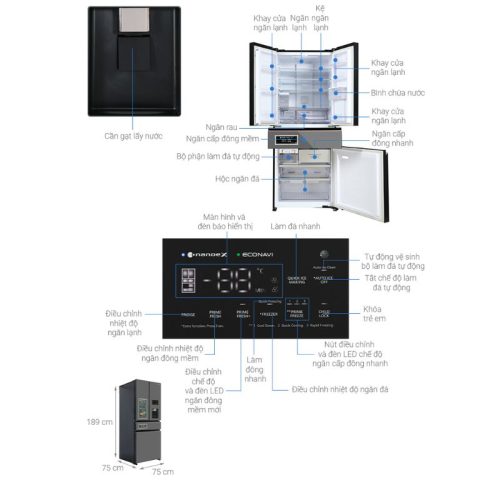 Tủ Lạnh 4 cánh Multi Door Inverter 540 Lít Panasonic NR-YW590YHHV 5 kich thuoc tu lanh 4 canh multi door inverter 540 lit panasonic nr yw590yhhv