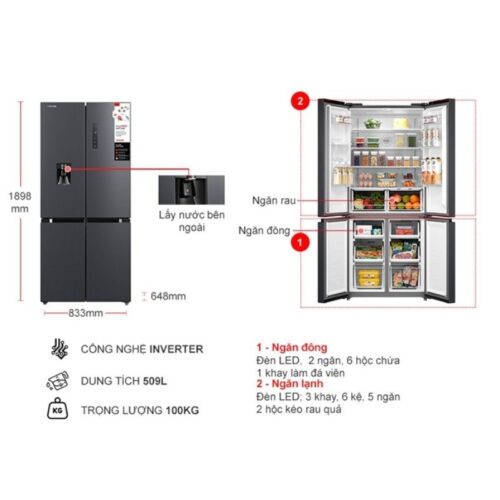 Tủ Lạnh 4 cánh Multi doors Inverter 509 Lít Toshiba GR-RF605WI-PMV(06)-MG 4 kich thuoc tu lanh 4 canh multi doors inverter 509 lit toshiba gr rf605wi pmv06 mg