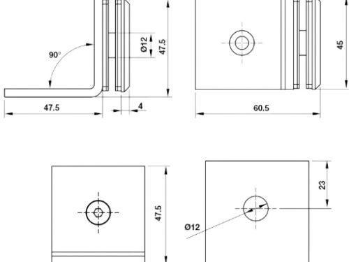 Kẹp kính - tường 90º có đế màu đen Hafele 981.77.911 3 Kích thước của Kẹp kính - tường 90º có đế màu đen Hafele 981.77.911