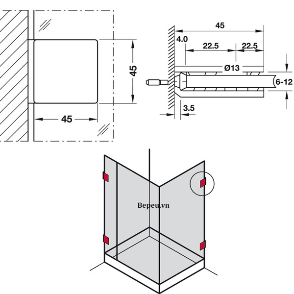 Kích thước của Kẹp kính tường 90º phòng tắm kính Hafele 981.77.918 Kích thước của Kẹp kính tường 90º phòng tắm kính Hafele 981.77.918