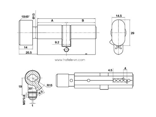 Ruột khóa 1 đầu chìa 1 đầu vặn 65mm Hafele 489.56.005 3 Kích thước của Ruột khóa 1 đầu chìa 1 đầu vặn 65mm Hafele 489.56.005