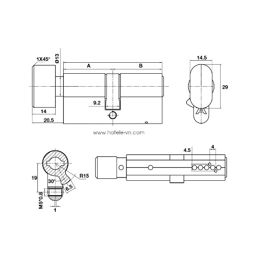 Kích thước của Ruột khóa 1 đầu chìa 1 đầu vặn 65mm Hafele 489.56.005 Kích thước của Ruột khóa 1 đầu chìa 1 đầu vặn 65mm Hafele 489.56.005