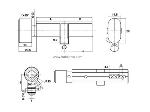 Ruột khóa 1 đầu chìa 1 đầu vặn 71mm Hafele 489.56.004 3 Kích thước của Ruột khóa 1 đầu chìa 1 đầu vặn 71mm Hafele 489.56.004