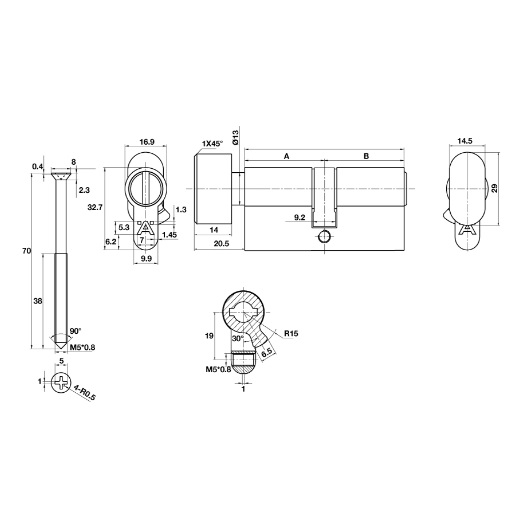 Kích thước của Ruột khóa nhà vệ sinh 65mm Hafele 489.56.007 Kích thước của Ruột khóa nhà vệ sinh 65mm Hafele 489.56.007