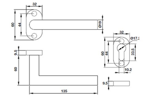Kích thước của Tay nắm gạt có nắp che Inox 304 Hafele 903.80.004