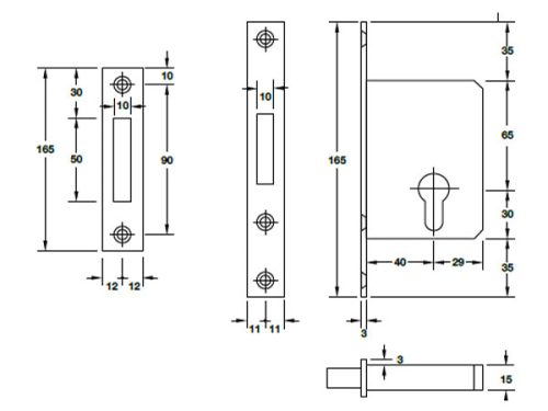 Thân khóa cho cửa trượt Hafele 911.26.413 3 Kích thước của Thân khóa cho cửa trượt Hafele 911.26.413