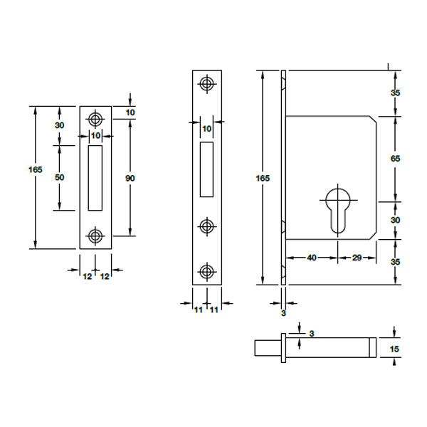 Kích thước của Thân khóa cho cửa trượt Hafele 911.26.413 Kích thước của Thân khóa cho cửa trượt Hafele 911.26.413