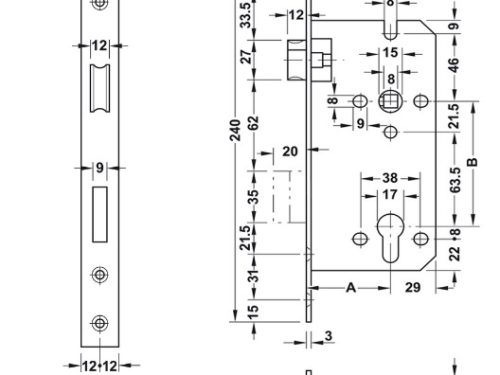 Kích thước của Thân khóa lưỡi gà chốt chết C/C 85mm Hafele 911.02.069