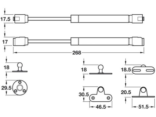 Kích thước pittong đẩy cánh tủ 120N Hafele 373.82.909